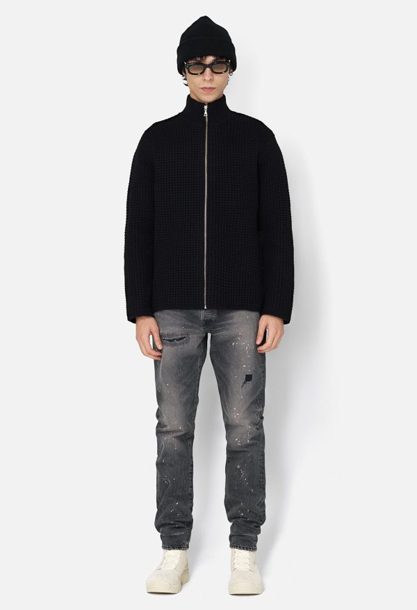 Wool Waffle Knit Full-Zip / Black