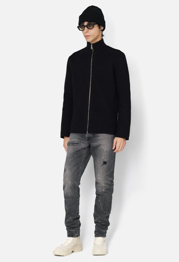 Wool Waffle Knit Full-Zip / Black