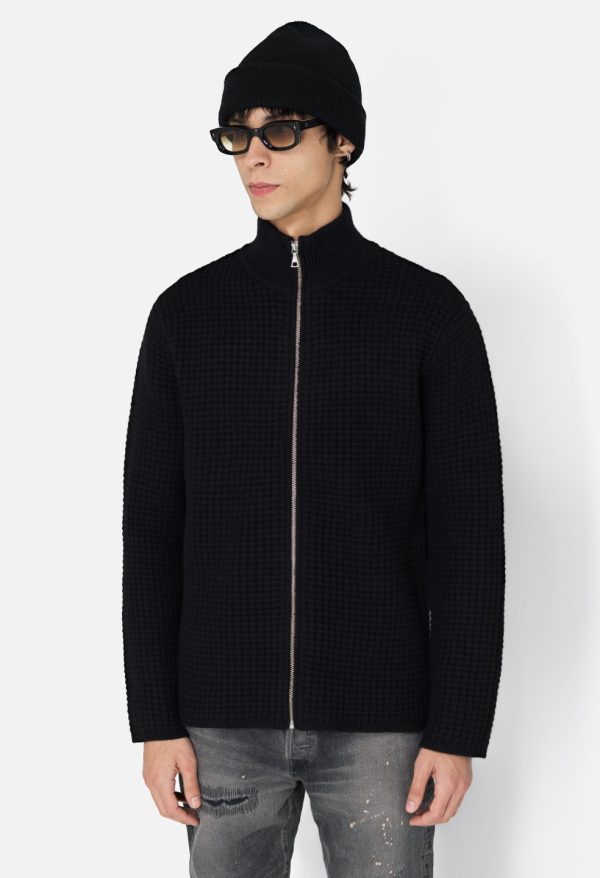 Wool Waffle Knit Full-Zip / Black