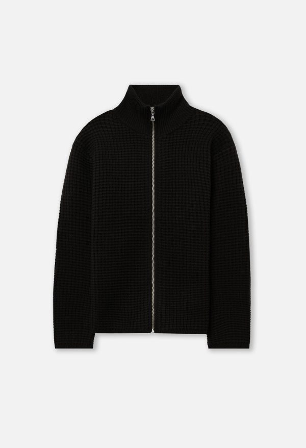Wool Waffle Knit Full-Zip / Black